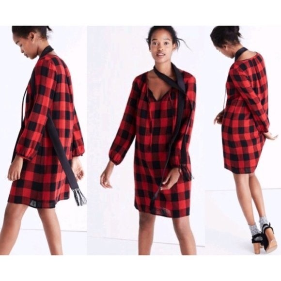 Madewell Dresses & Skirts - MADEWELL Women's Signal Red Black Buffalo Plaid Wool Blend Shift Dress Small